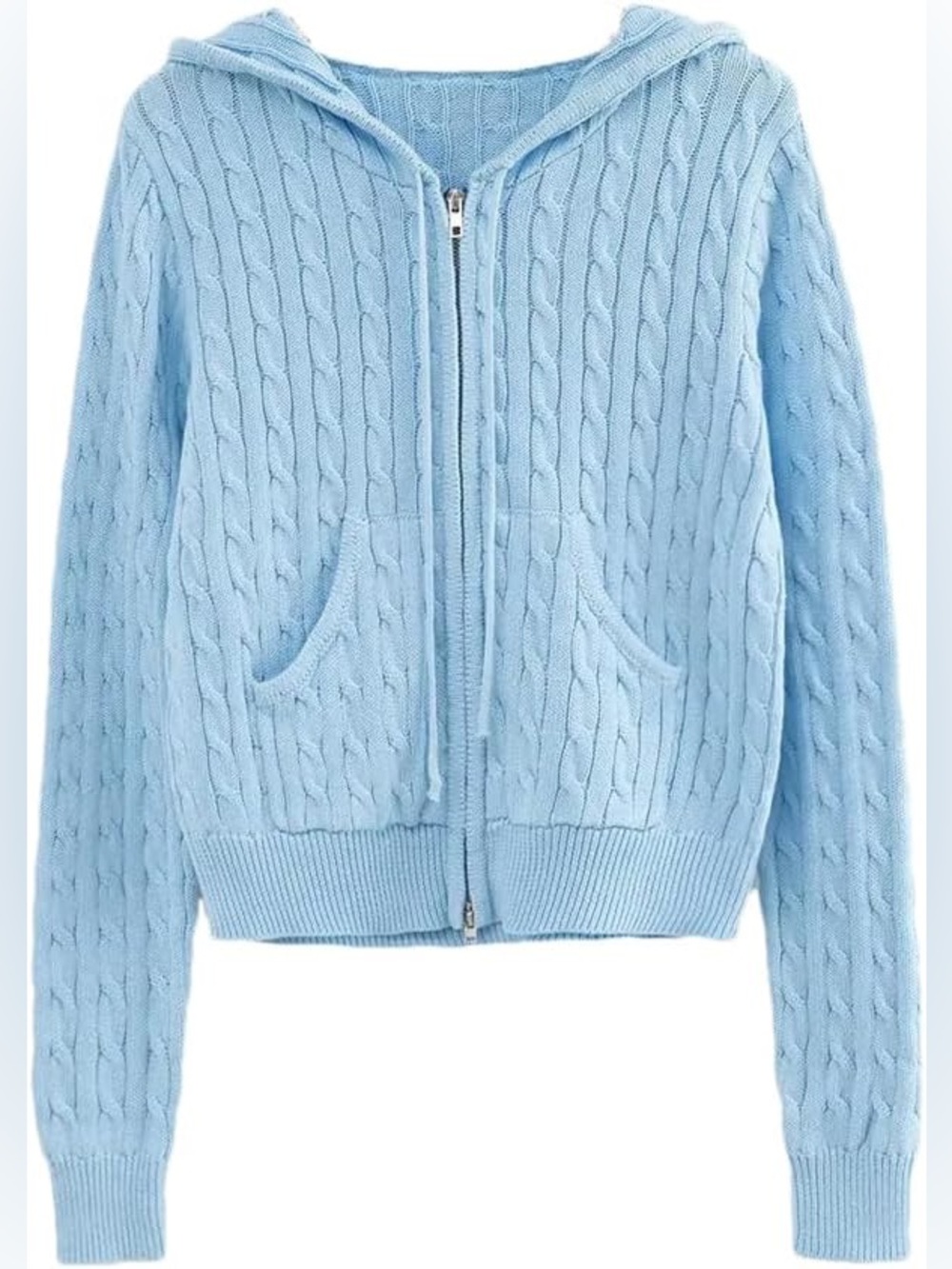 Blue Cable Knit Zip-Up Slim Fit Crop Knit Hoodie